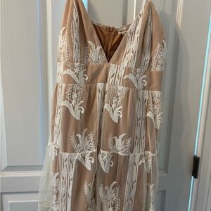 Elegant Tan and White Lace Dress